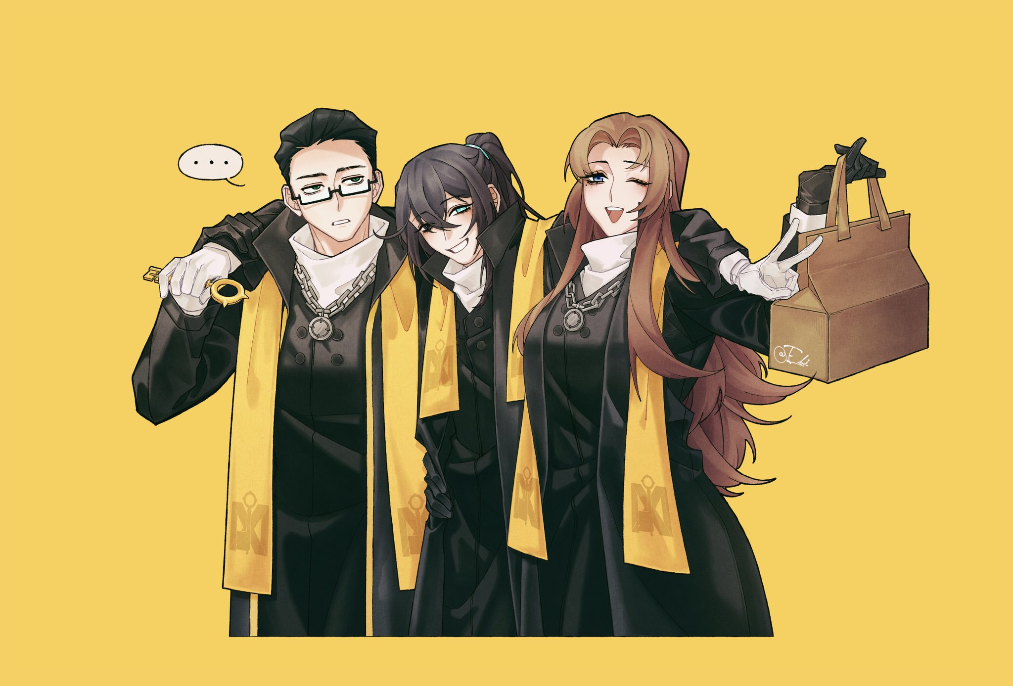 hong lu (project moon), meursault (project moon), rodion (project moon), limbus company, project moon, commentary request, highres, …, 1girl, 2boys, androgynous, bag, bespectacled, black hair, black robe, blue eyes, brown hair, chain, chain necklace, dieci association south uniform, ebicha0228, glasses, high ponytail, holding, holding bag, holding key, jewelry, key, long hair, multiple boys, necklace, one eye closed, ponytail, robe, short hair, simple background, smile, spoken ellipsis, standing, stole, yellow background