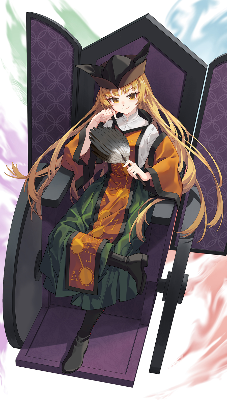 banjie, matara okina, touhou, commentary request, highres, 1girl, black boots, black hat, blonde hair, boots, closed mouth, constellation print, crossed legs, detached sleeves, green skirt, hand fan, hat, holding, holding fan, long hair, long sleeves, looking at viewer, orange tabard, sitting, skirt, smile, solo, sun print, tabard, wide sleeves, yellow eyes