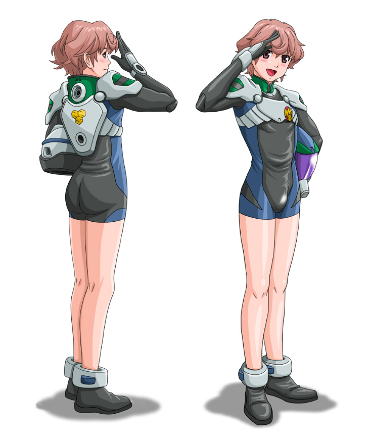 luca angeloni, macross, macross frontier, shower, 00s, 1boy, ass, bodysuit, child, full body, helmet, male focus, open mouth, smile, solo