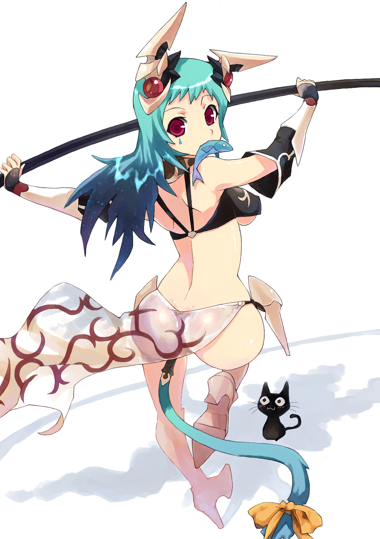 caee penguin, original, bad id, bad pixiv id, highres, 1girl, ass, blue hair, breasts, cat, female focus, fish, looking back, mouth hold, red eyes, solo, tail, underboob