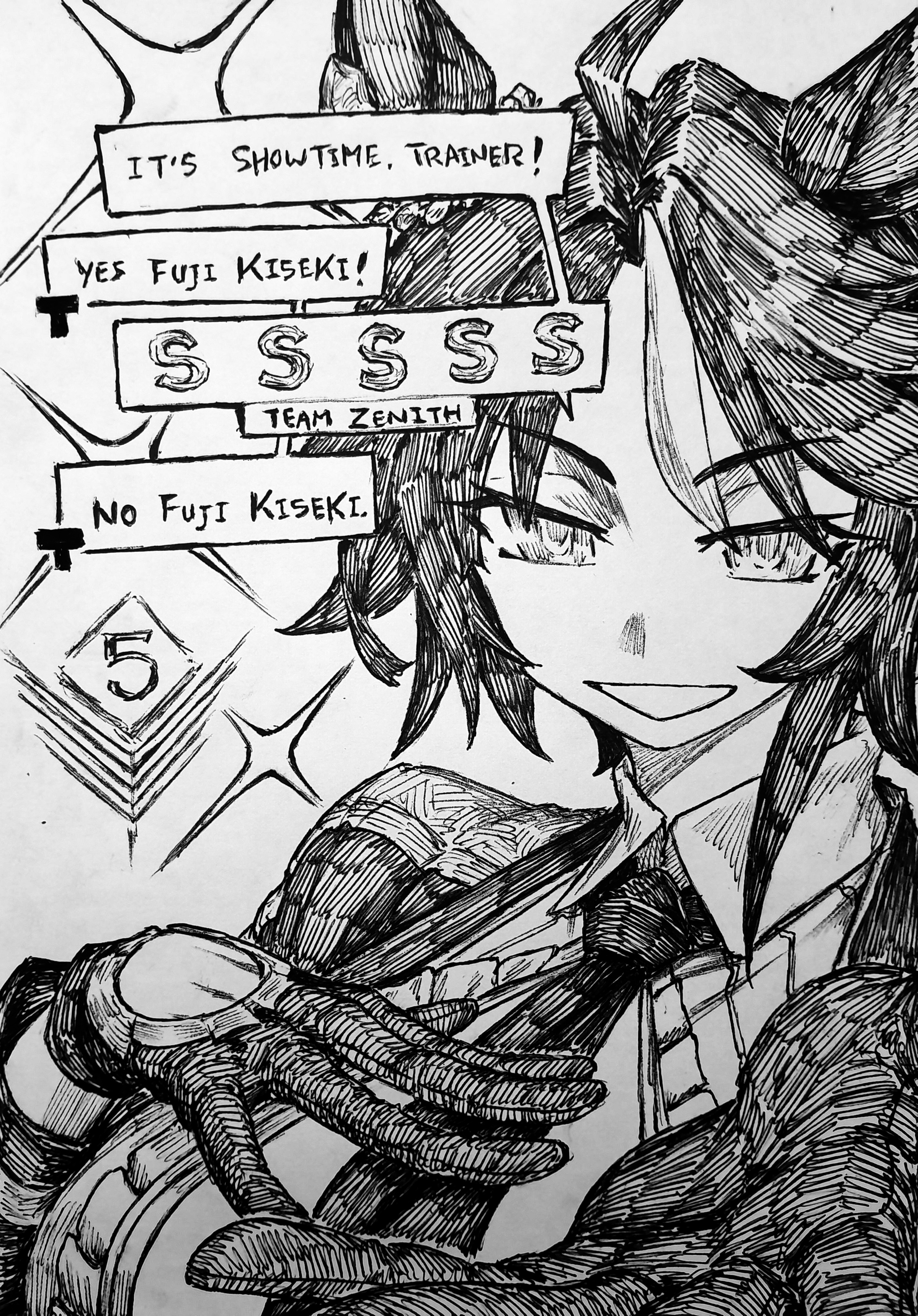 chronozbergh, fuji kiseki (shooting star revue) (umamusume), fuji kiseki (umamusume), elden ring, elden ring nightreign, umamusume, absurdres, highres, traditional media, 1girl, ahoge, animal ears, center frills, center opening, collared shirt, ear ornament, english text, frilled shirt, frills, gloves, hair between eyes, half-closed eyes, hand on own chest, hands up, horse ears, jacket, long sleeves, looking at viewer, monochrome, multicolored hair, necktie, parody, reaching, reaching towards viewer, shirt, short hair, smile, solo, two-tone hair, upper body, wing collar