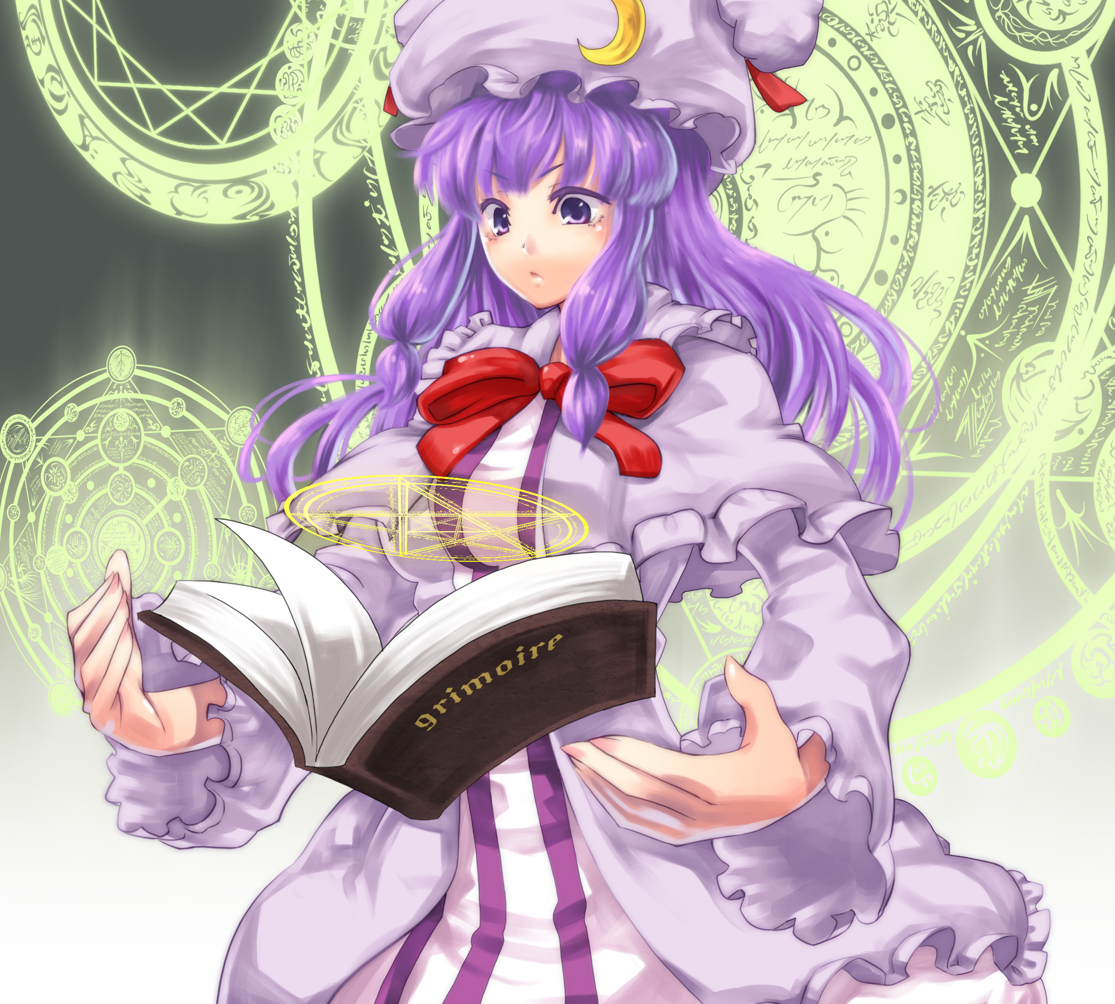 scottie (phantom2), patchouli knowledge, touhou, bad id, bad pixiv id, highres, 1girl, :<, book, bow, bowtie, capelet, colored eyelashes, female focus, floating, floating object, grimoire, hat, long hair, looking down, magic circle, open book, purple eyes, purple hair, ribbon, solo, staring