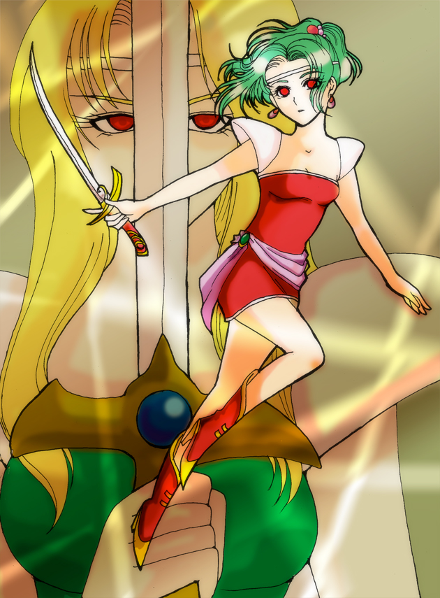 nobu (artist), celes chere, tina branford, final fantasy, final fantasy vi, 1990s (style), 2girls, blonde hair, boots, earrings, green hair, high heel boots, high heels, jewelry, long hair, mind control, multiple girls, ponytail, red eyes, retro artstyle, sword, weapon