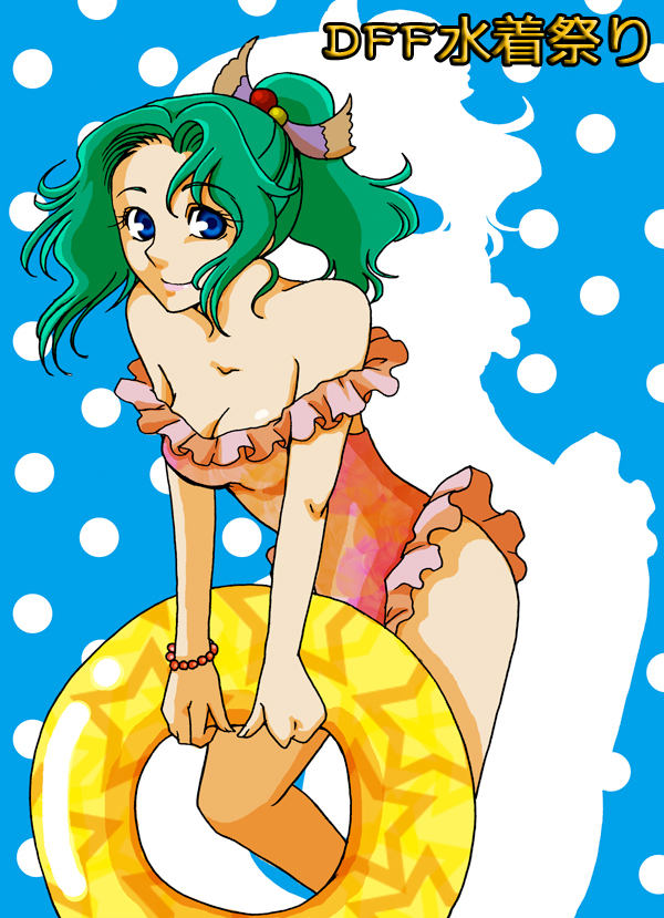 nobu (artist), tina branford, final fantasy, final fantasy vi, 1990s (style), blue eyes, bracelet, green hair, innertube, jewelry, long hair, one-piece swimsuit, ponytail, retro artstyle, swim ring, swimsuit