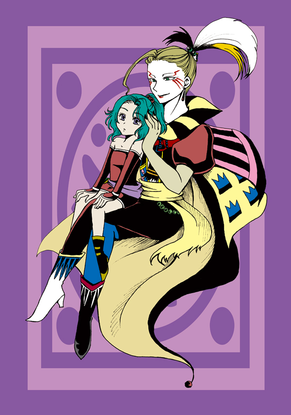 nobu (artist), cefca palazzo, tina branford, final fantasy, final fantasy vi, 1990s (style), blonde hair, blue eyes, boots, detached sleeves, green hair, long hair, ponytail, sash