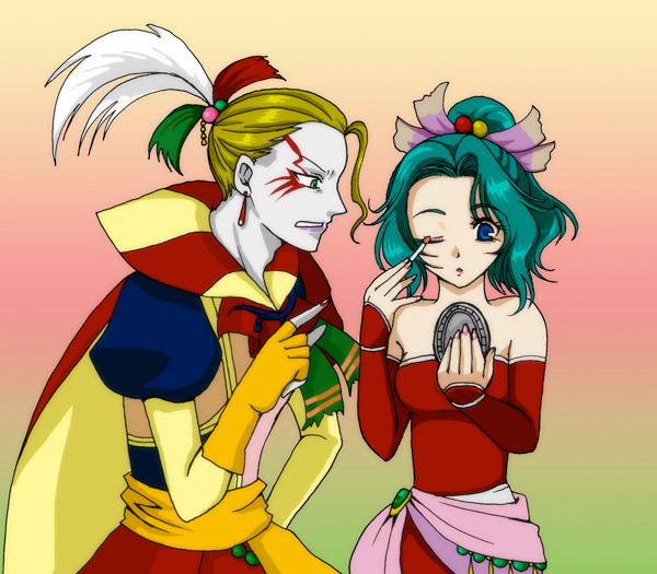 nobu (artist), cefca palazzo, tina branford, final fantasy, final fantasy vi, 1990s (style), blonde hair, blue eyes, detached sleeves, earrings, fingerless gloves, gloves, green hair, jewelry, long hair, makeup, ponytail, sash