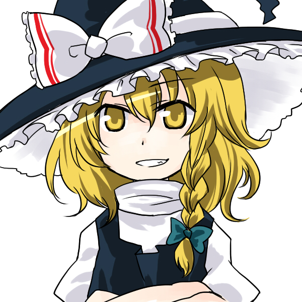 myama, kirisame marisa, touhou, 1girl, blonde hair, bow, braid, crossed arms, female focus, grin, hair bow, hat, smile, solo, turtleneck, upper body, witch, witch hat, yellow eyes