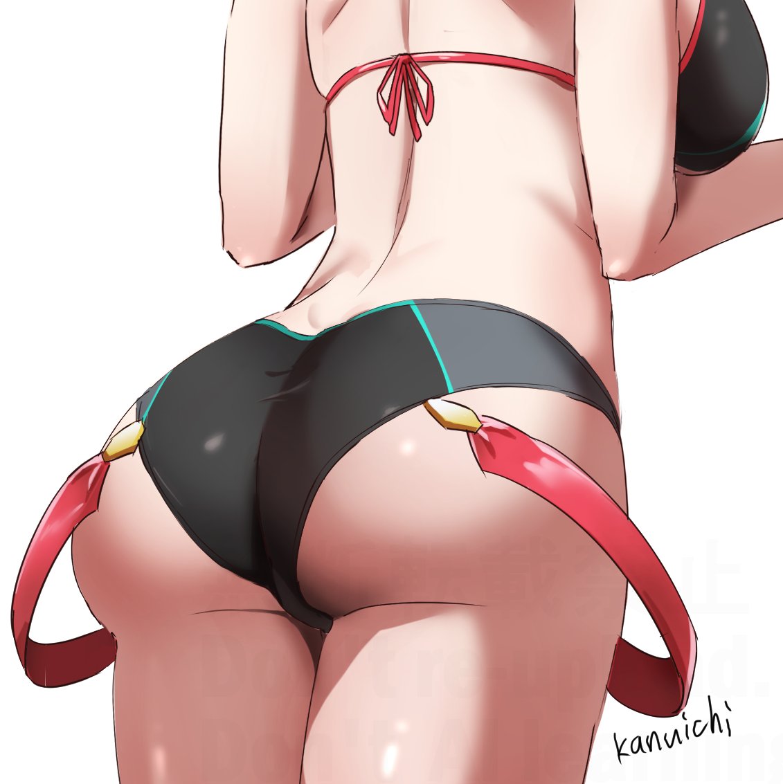 kanuici336, pyra (xenoblade), xenoblade chronicles (series), xenoblade chronicles 2, 1girl, artist name, ass, ass focus, back, bikini, breasts, large breasts, lower body, median furrow, signature, simple background, solo, standing, swimsuit, twitter username, white background