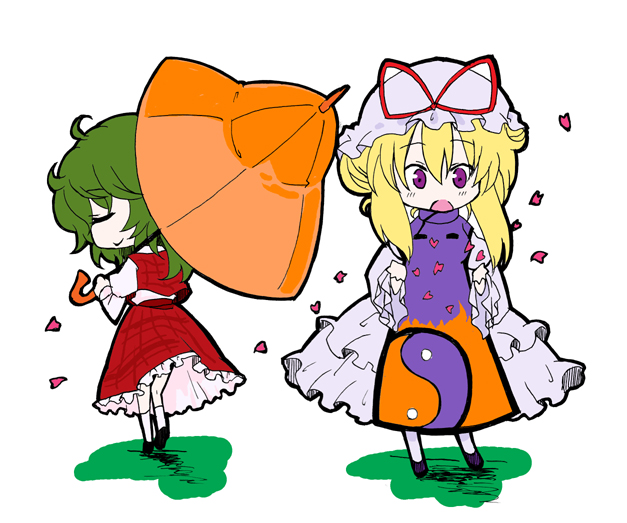 myama, kazami yuuka, yakumo yukari, touhou, 2girls, blonde hair, chibi, female focus, green hair, hat, multiple girls, parasol, petals, plaid clothes, plaid skirt, plaid vest, purple eyes, short hair, simple background, skirt, skirt set, umbrella, vest, white background