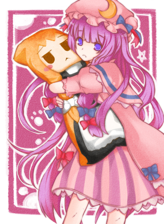 adolsunny, kirisame marisa, patchouli knowledge, touhou, 1girl, :<, blue eyes, dakimakura (object), female focus, hat, hug, hugging object, long hair, pillow, pillow hug, purple hair, solo, very long hair
