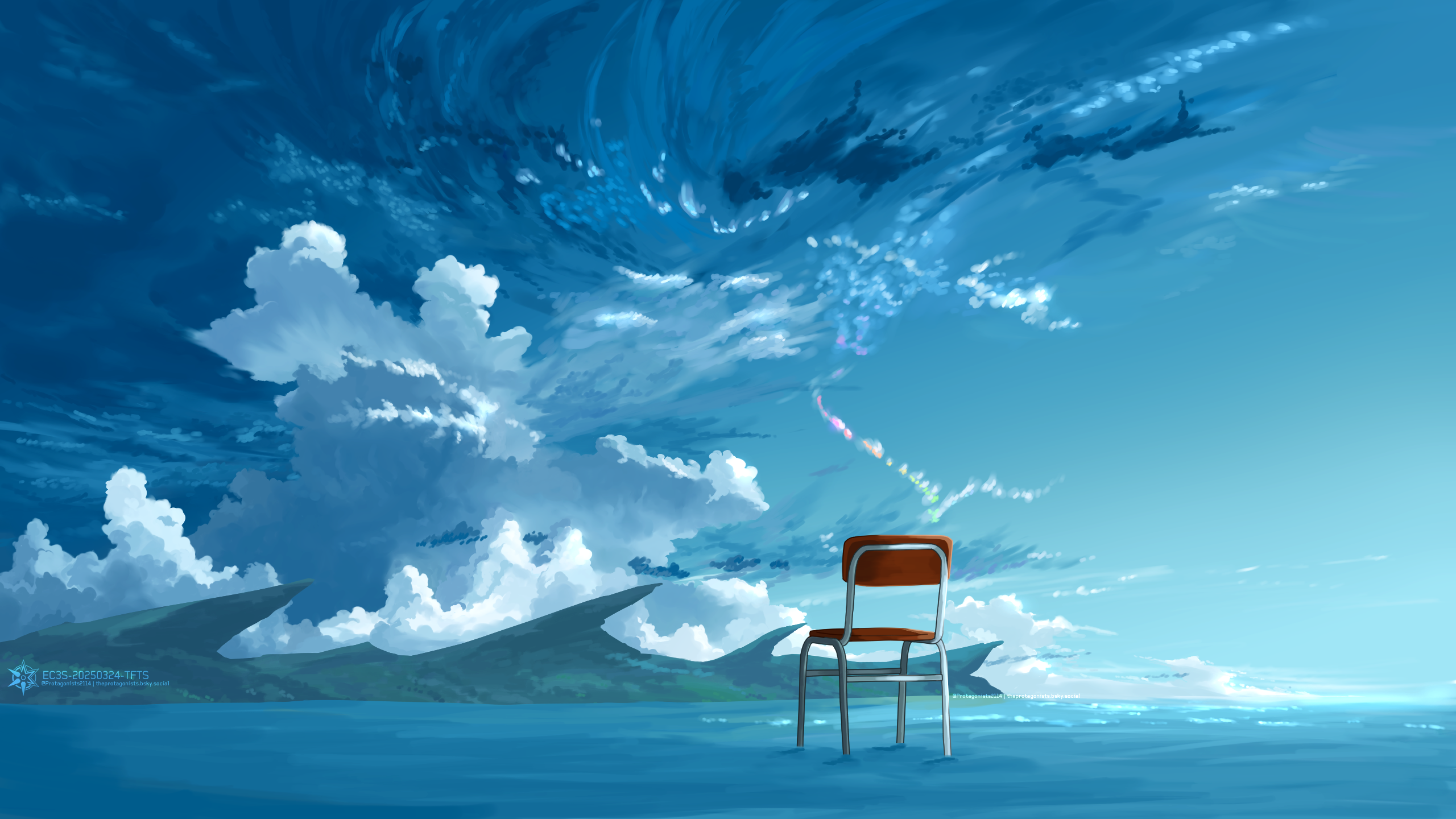 original, commentary, english commentary, highres, blue sky, chair, cloud, cloudy sky, day, hill, horizon, landscape, no humans, ocean, outdoors, scenery, sky, the protagonists (protagonist2114)