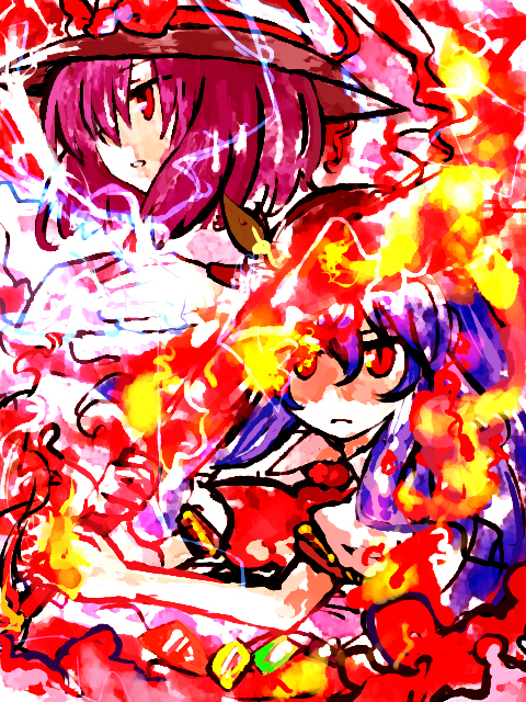 myama, hinanawi tenshi, nagae iku, touhou, bad id, bad pixiv id, 2girls, blue hair, female focus, hat, long hair, multiple girls, purple hair, red eyes, ribbon, short hair, upper body