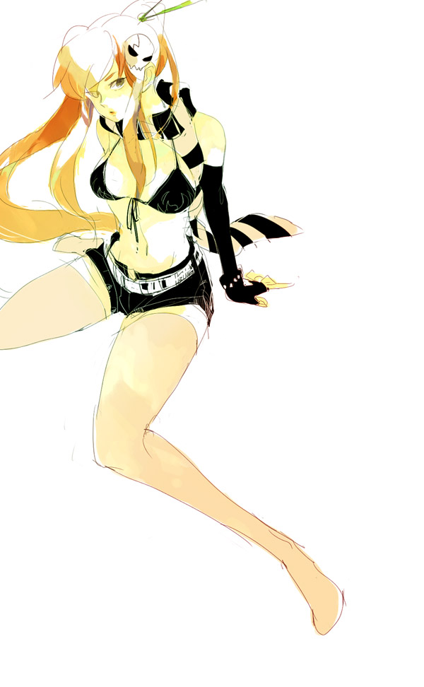 gohan (memetomare), memetomare (artist), yoko littner, tengen toppa gurren lagann, bad id, bad pixiv id, painting (medium), traditional media, watercolor (medium), 00s, 1girl, asymmetrical gloves, bikini, bikini top only, black bikini, elbow gloves, faux traditional media, female focus, gloves, hair ornament, hairclip, long hair, long legs, no shoes, red hair, scarf, sepia, shorts, single elbow glove, single glove, sitting, sketch, solo, swimsuit, thighhighs, uneven gloves