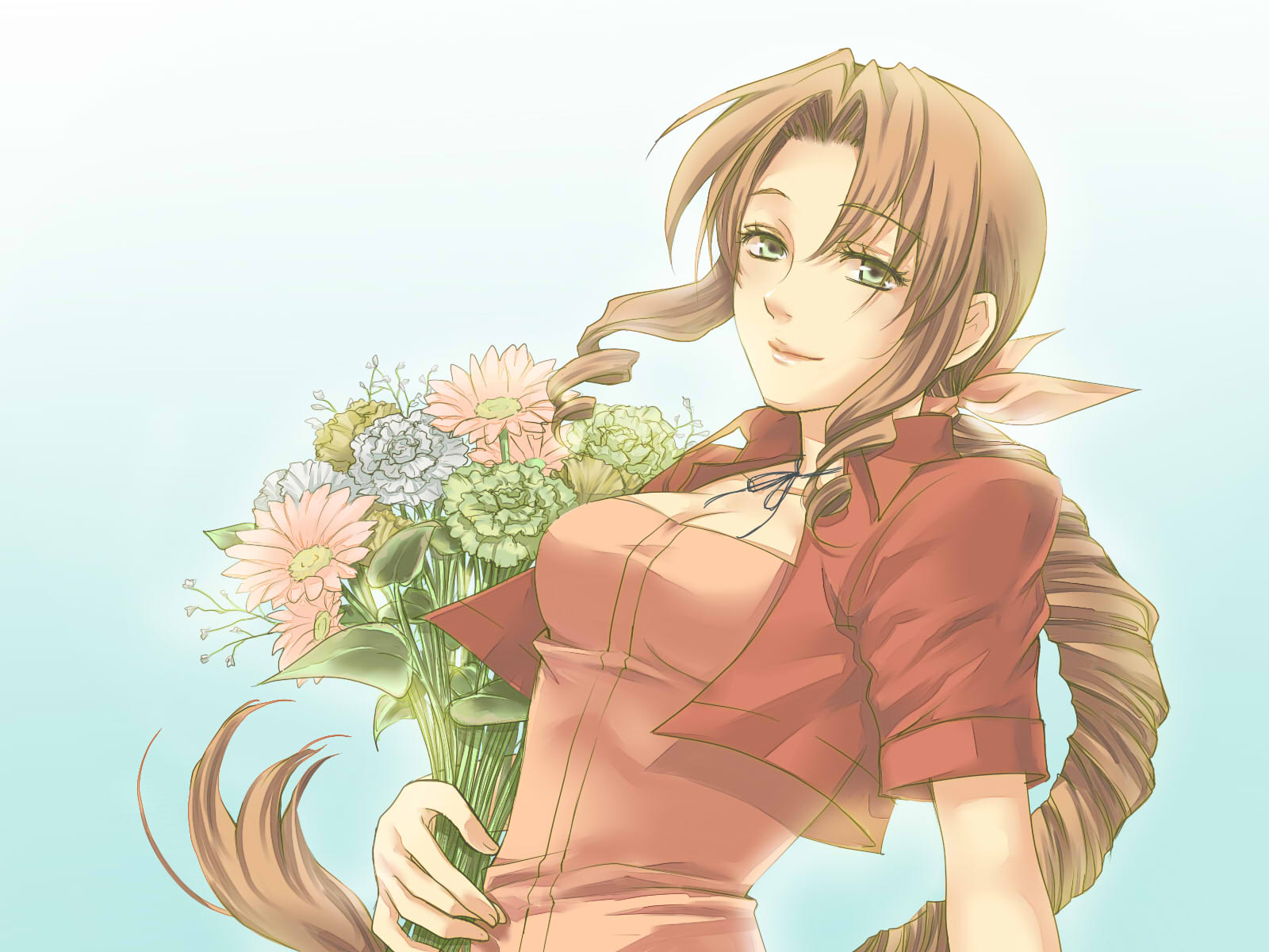 iwao, aerith gainsborough, final fantasy, final fantasy vii, square enix, highres, 1990s (style), 1girl, bouquet, brown hair, dress, drill hair, female focus, flower, green eyes, jacket, lips, long hair, pink dress, pink ribbon, retro artstyle, ribbon, smile, solo, very long hair