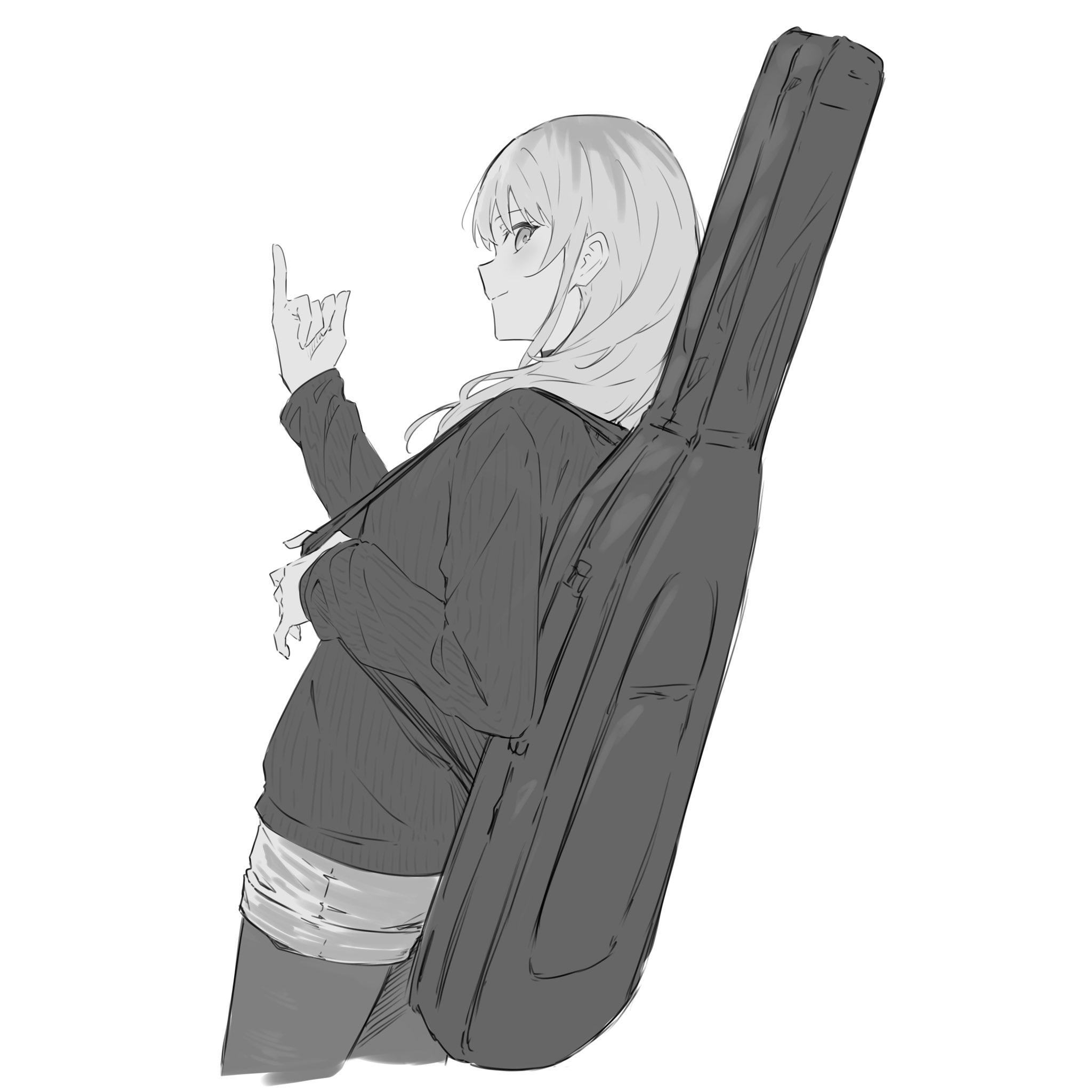 kanade (kanade 3344), kawaragi momoka, girls band cry, highres, 1girl, greyscale, guitar case, instrument case, instrument on back, long hair, monochrome, multicolored hair, pantyhose, pantyhose under shorts, pinky out, roots (hair), shorts, sidelocks, simple background, solo, sweater, white background