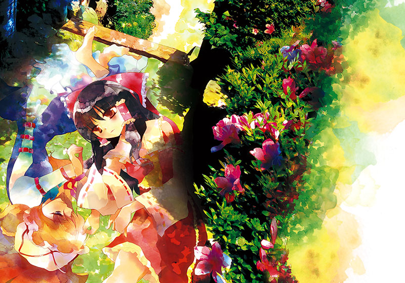 teramoto kaoru, hakurei reimu, yakumo yukari, touhou, 2girls, black hair, blonde hair, bow, colorful, detached sleeves, female focus, hat, japanese clothes, long hair, miko, multiple girls, purple eyes, red eyes, short hair