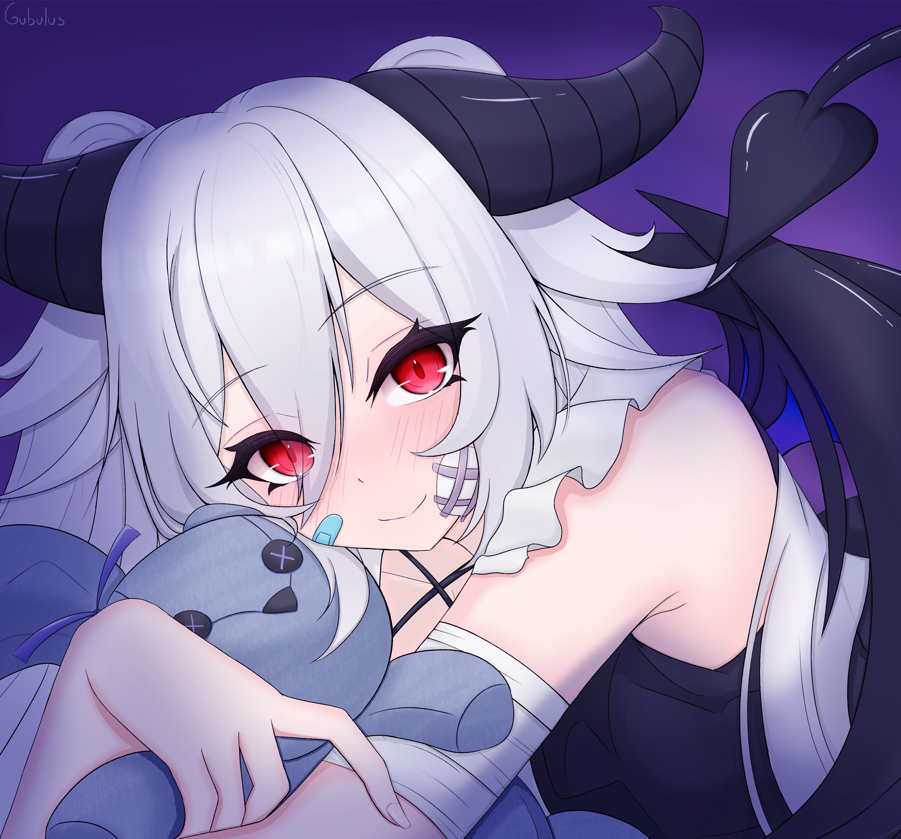 gubulus gost, aiko (phase connect), phase connect, absurdres, commentary, english commentary, highres, 1girl, bandage on cheek, bandaged arm, bandages, bandaid, bandaid on cheek, bandaid on face, black horns, closed mouth, demon tail, hair between eyes, holding, holding stuffed toy, horns, looking at viewer, smile, stuffed animal, stuffed toy, tail, white hair, wings