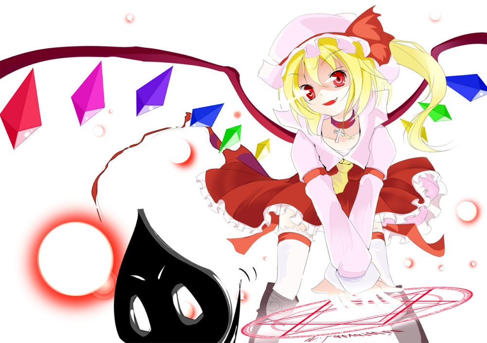 so-ren, flandre scarlet, touhou, bad id, bad pixiv id, 1girl, blonde hair, cross, fang, female focus, laevatein, magic circle, red eyes, solo, standing, thighhighs, white background, white thighhighs, wings