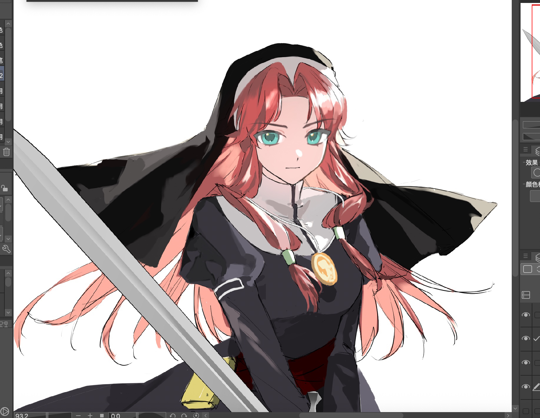 ries argent, eiyuu densetsu, sora no kiseki, commentary request, highres, 1girl, aqua eyes, art program in frame, asprosgy, black dress, closed mouth, coif, dress, holding, holding sword, holding weapon, long hair, nun, pink hair, solo, sword, weapon, white background