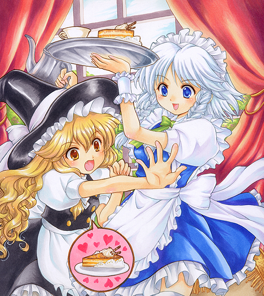 pemoko, izayoi sakuya, kirisame marisa, touhou, silver hair, bad id, bad pixiv id, 2girls, apron, blonde hair, blue eyes, bow, braid, cake, cup, fang, female focus, food, hairband, hat, indoors, maid, maid apron, multiple girls, pastry, thighhighs, twin braids, witch, witch hat, yellow eyes