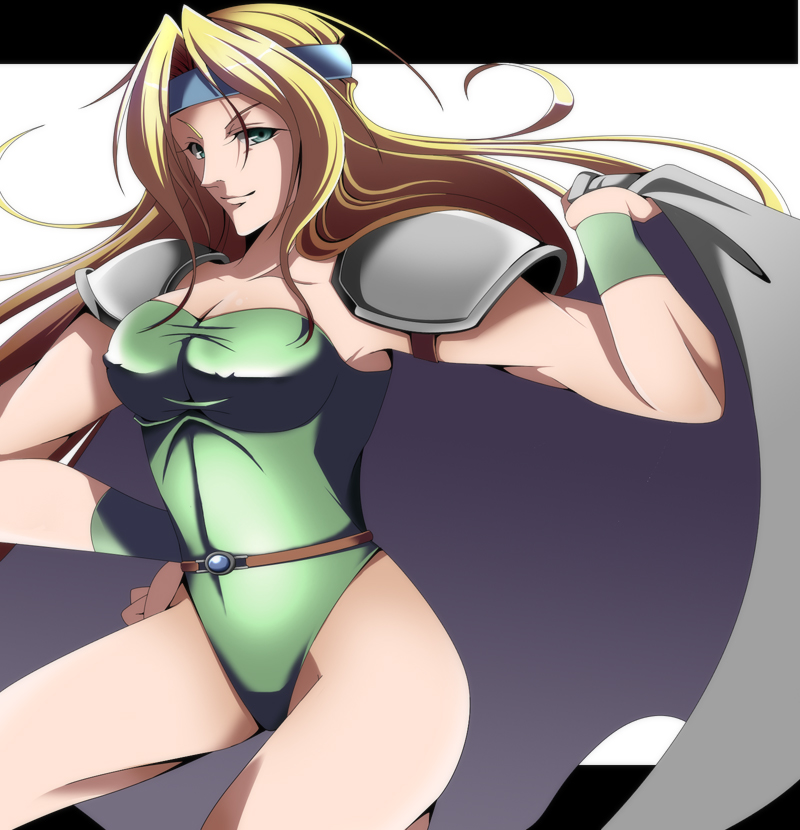 shiozaki (pixiv852793), celes chere, final fantasy, final fantasy vi, 1990s (style), 1girl, belt, blonde hair, cape, female focus, green eyes, headband, leotard, long hair, retro artstyle, shoulder pads, solo, wristband