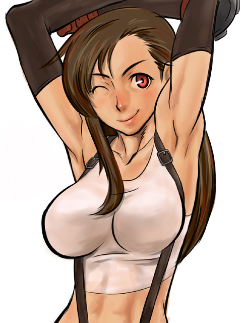 dynamite-kit, tifa lockhart, final fantasy, final fantasy vii, 1990s (style), 1girl, armpits, arms up, bare shoulders, black hair, breasts, brown hair, cleavage, crop top, elbow gloves, female focus, fingerless gloves, gloves, large breasts, long hair, midriff, one eye closed, red eyes, retro artstyle, smile, solo, suspenders, tank top, toned, wink