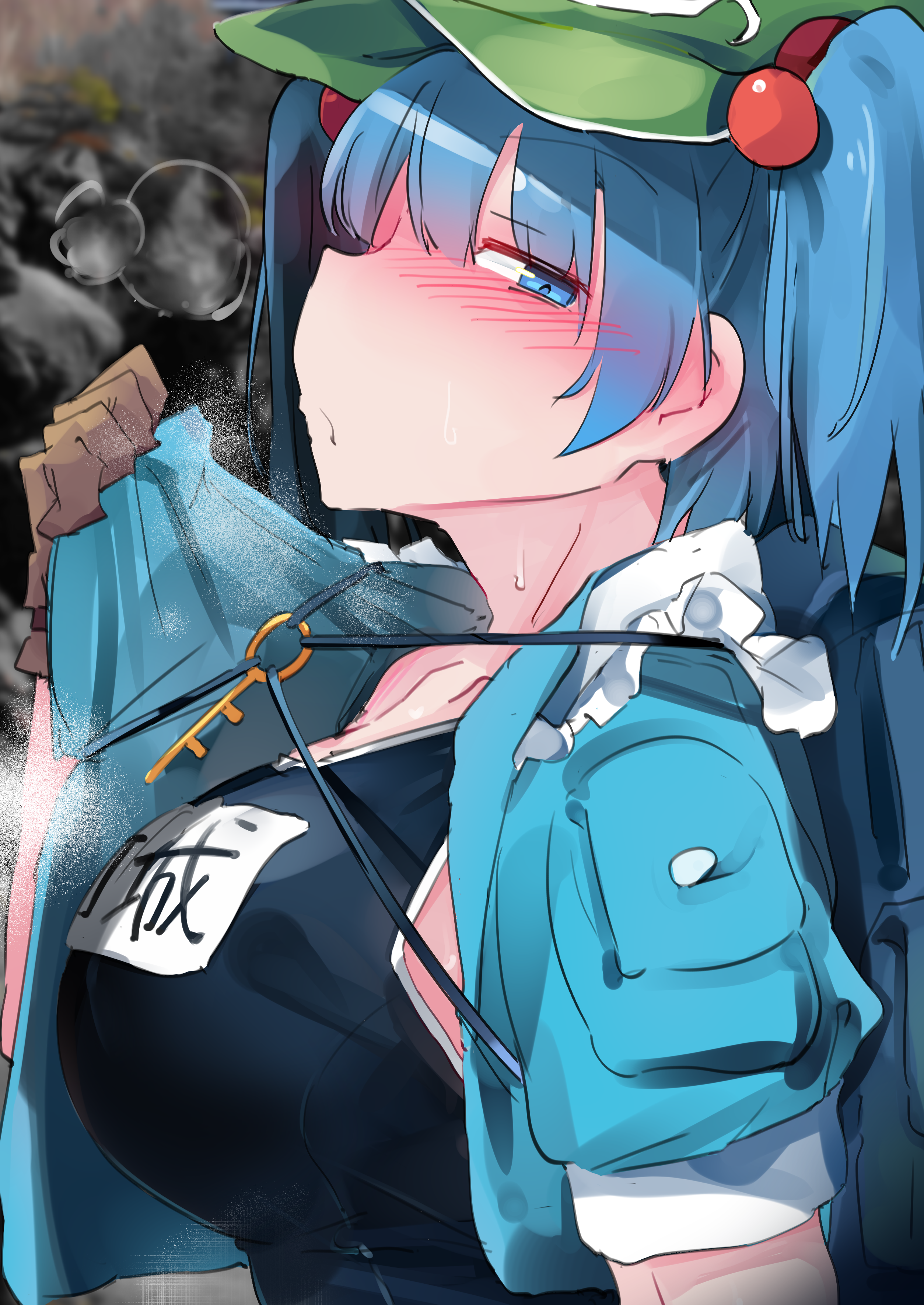 urano koedame, kawashiro nitori, touhou, absurdres, commentary request, highres, 1girl, blue eyes, blue hair, blue jacket, blue one-piece swimsuit, blush, breasts, from side, green hat, hat, jacket, key, large breasts, one-piece swimsuit, school swimsuit, solo, swimsuit, two side up