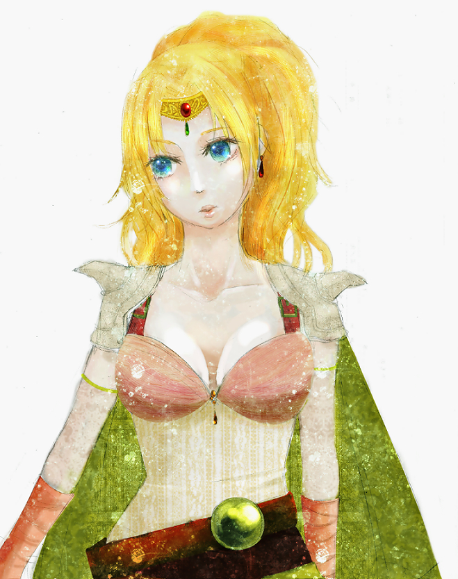 nattouumai, rosa farrell, final fantasy, final fantasy iv, 1990s (style), 1girl, belt, blonde hair, blue eyes, breasts, cape, cleavage, earrings, elbow gloves, female focus, gloves, jewelry, leotard, long hair, ponytail, shoulder pads, solo, tiara, white background