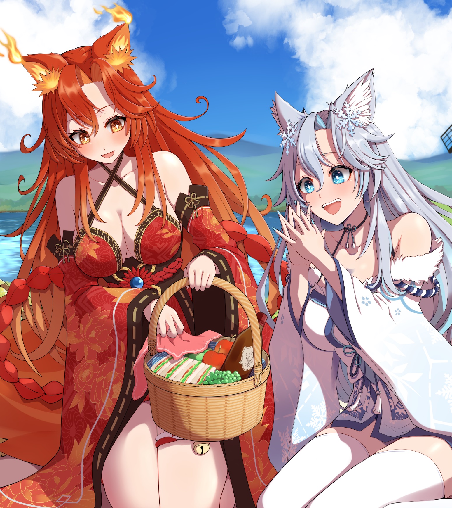 mariebell, smug alana, indie virtual youtuber, commentary, commission, english commentary, highres, vgen commission, 2girls, animal ears, bell, blue eyes, blue nails, breasts, bright pupils, cloud, collarbone, fiery ears, floral print, floral print kimono, food, fox ears, fox girl, fox tail, grey hair, hair ornament, japanese clothes, kimono, long hair, multiple girls, open mouth, orange eyes, orange hair, picnic basket, print kimono, red kimono, red sleeves, sandwich, short kimono, sky, smile, snowflake hair ornament, snowflake print, tail, teeth, thighhighs, upper teeth only, virtual youtuber, white kimono, white pupils, white sleeves, white thighhighs, wide sleeves