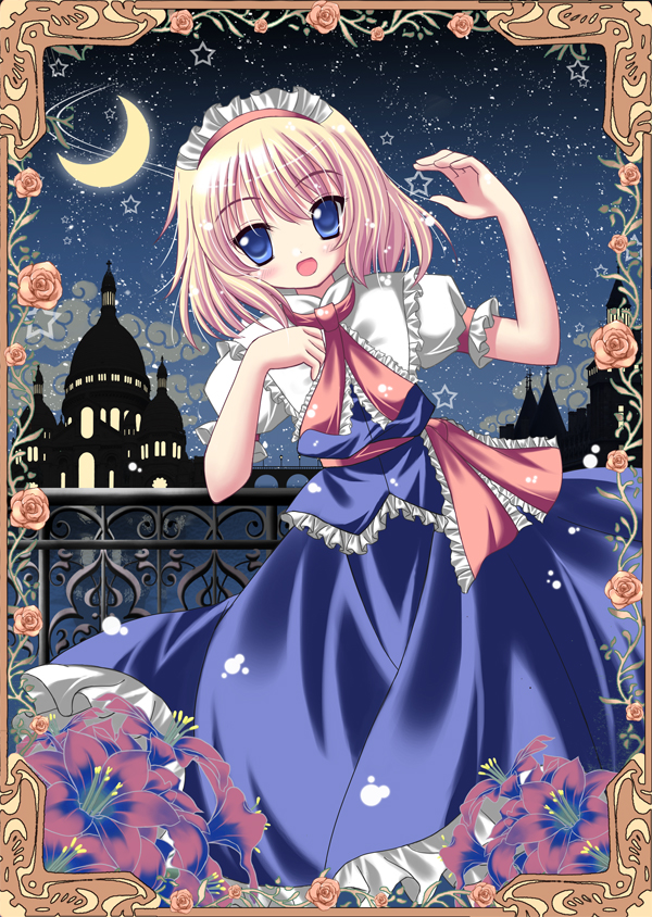 kenkou toshikou, alice margatroid, touhou, 1girl, art nouveau, blonde hair, blue eyes, crescent moon, dress, female focus, flower, hairband, moon, open mouth, short hair, sky, solo, star (sky), star (symbol), starry sky