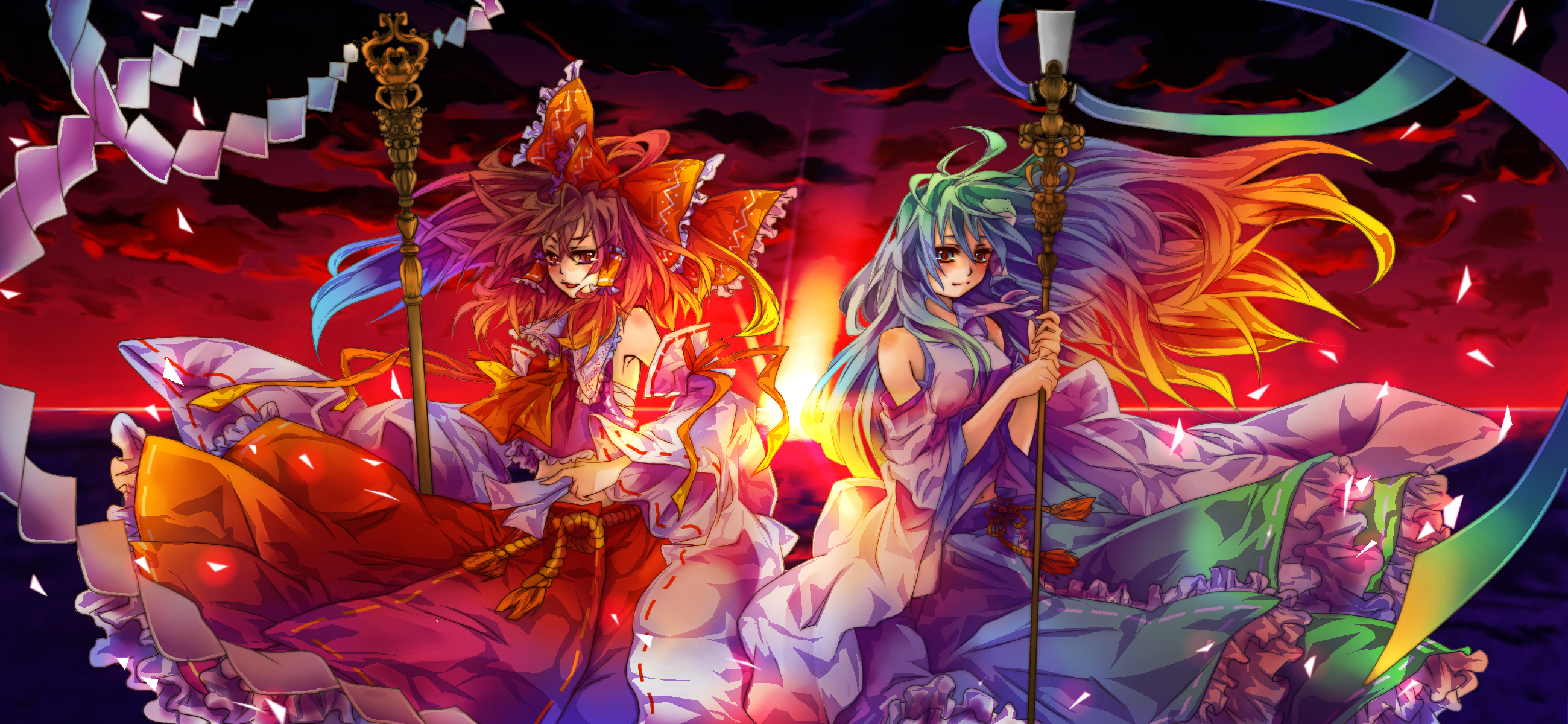 kurata (mitry), hakurei reimu, kochiya sanae, touhou, bad id, bad pixiv id, highres, 2girls, bow, brown hair, detached sleeves, female focus, frog, gohei, green hair, hair ornament, japanese clothes, long hair, miko, mitry, multiple girls, red eyes, ribbon, snake, staff, yellow eyes