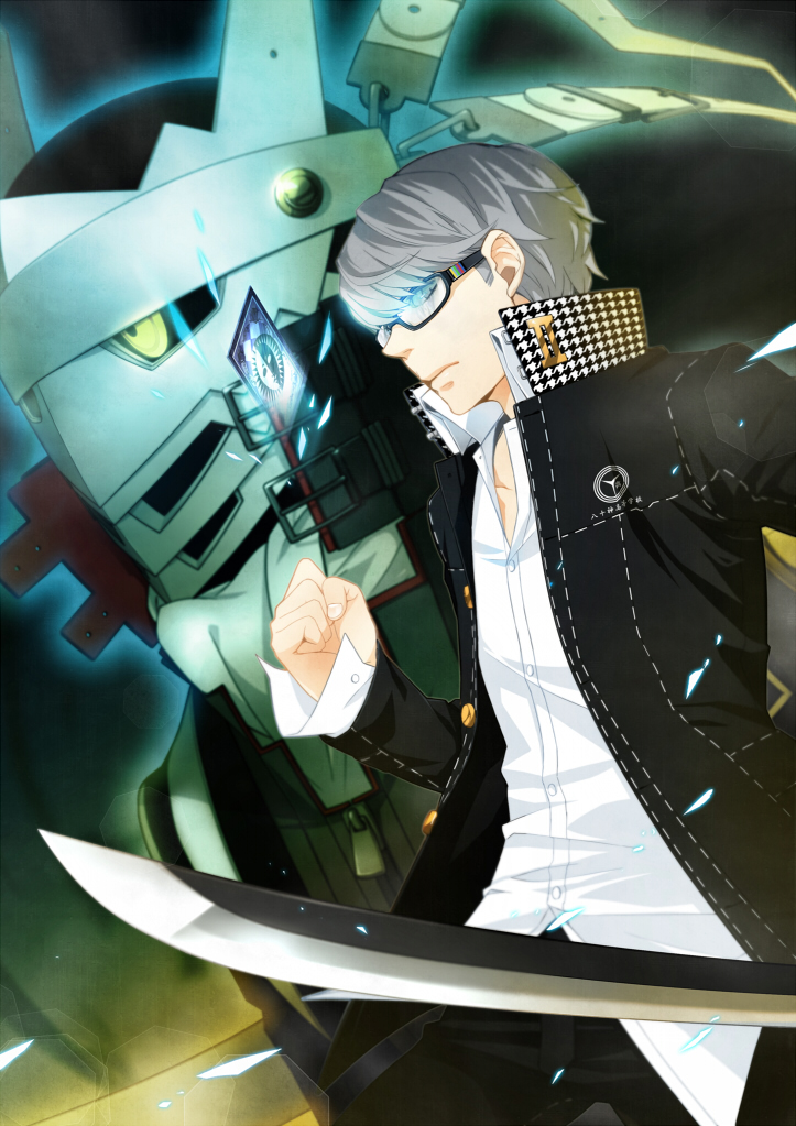 sunday31, izanagi (persona 4), narukami yu, atlus, persona, persona 4, card, floating card, glasses, grey hair, jacket, male focus, school uniform, short hair, solo, sword, weapon