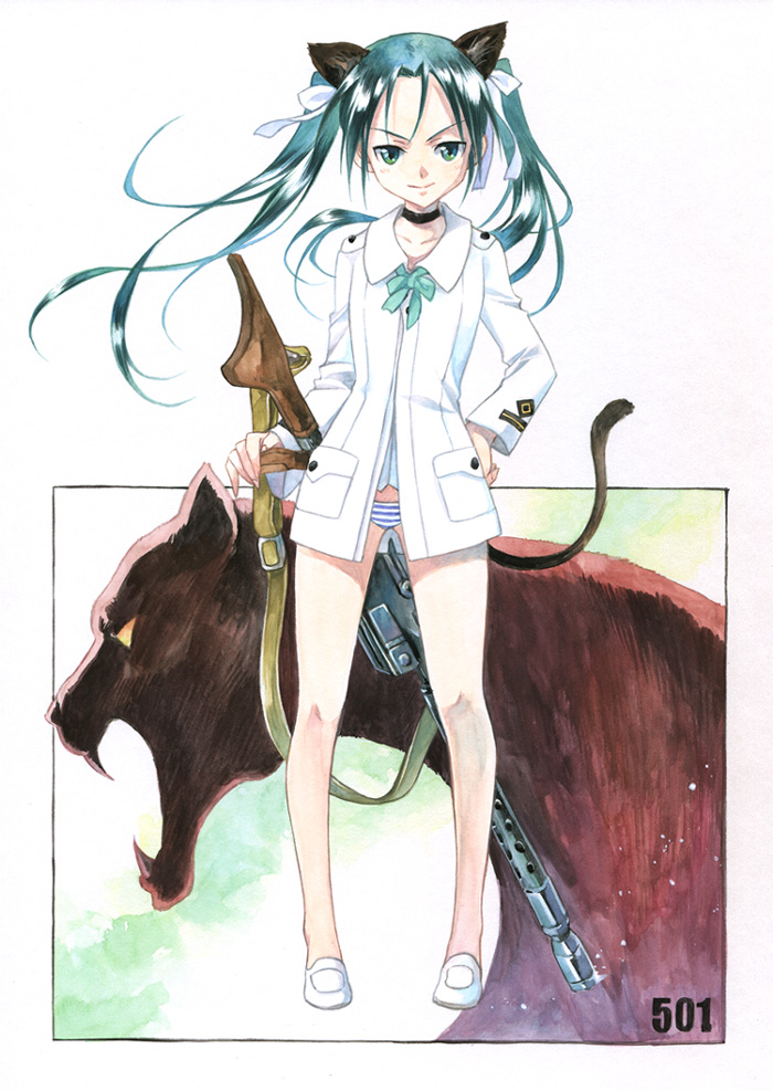 agahari, black panther, francesca lucchini, strike witches, world witches series, 00s, 1girl, animal, animal ears, black hair, blush, cat ears, cat tail, choker, female focus, flat chest, green eyes, gun, hair ribbon, light machine gun, long hair, machine gun, panther, panties, ribbon, rifle, solo, striped clothes, striped panties, tail, twintails, underwear, weapon