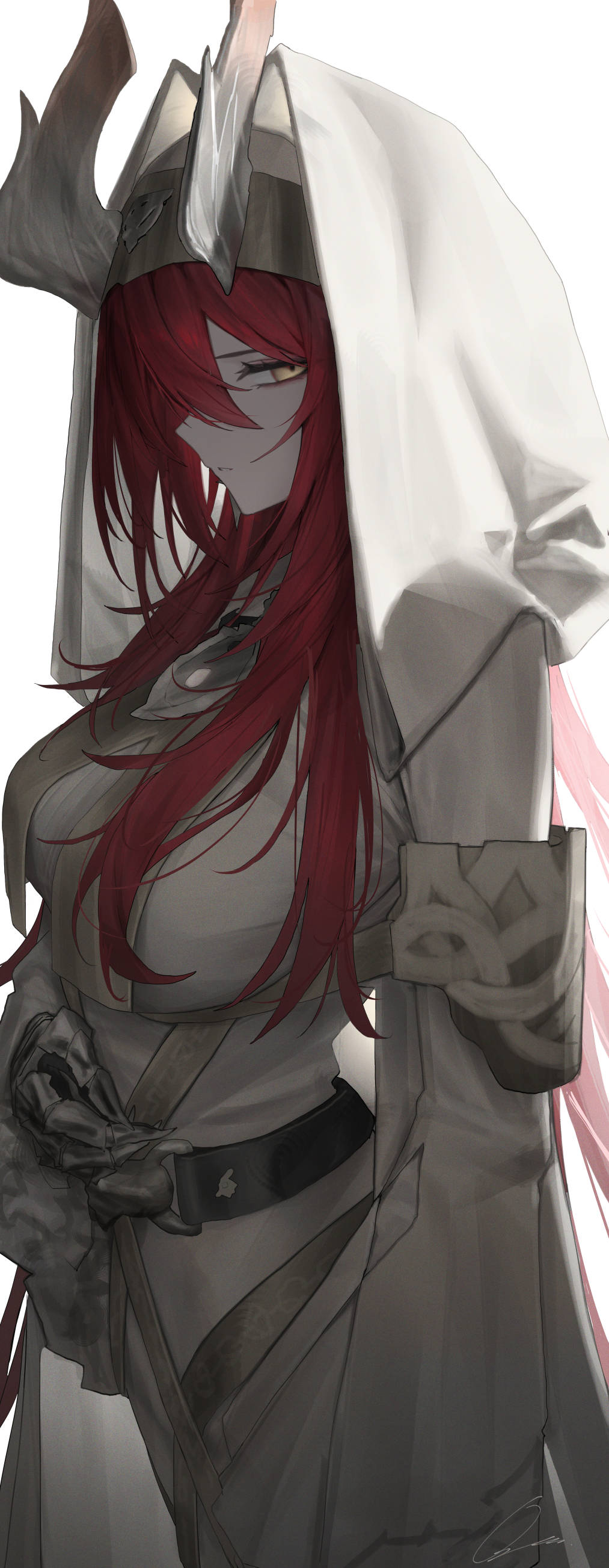 ozeu0916, ascalon (arknights), ascalon (phototaxis) (arknights), arknights, absurdres, commentary, highres, 1girl, belt, black belt, breasts, cowboy shot, demon horns, dress, from side, gloves, horns, large breasts, long hair, long sleeves, looking at viewer, looking to the side, official alternate costume, parted lips, profile, red hair, signature, simple background, solo, standing, veil, white background, white dress, white gloves, white veil, yellow eyes
