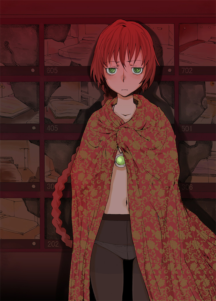 tamaoki benkyou, suou pavlichenko, darker than black, bad id, bad pixiv id, 00s, 1girl, blanket, braid, crotch seam, female focus, green eyes, jewelry, midriff, navel, necklace, no bra, panties, panties under pantyhose, pantyhose, red hair, screen, single braid, solo, underwear, unmoving pattern