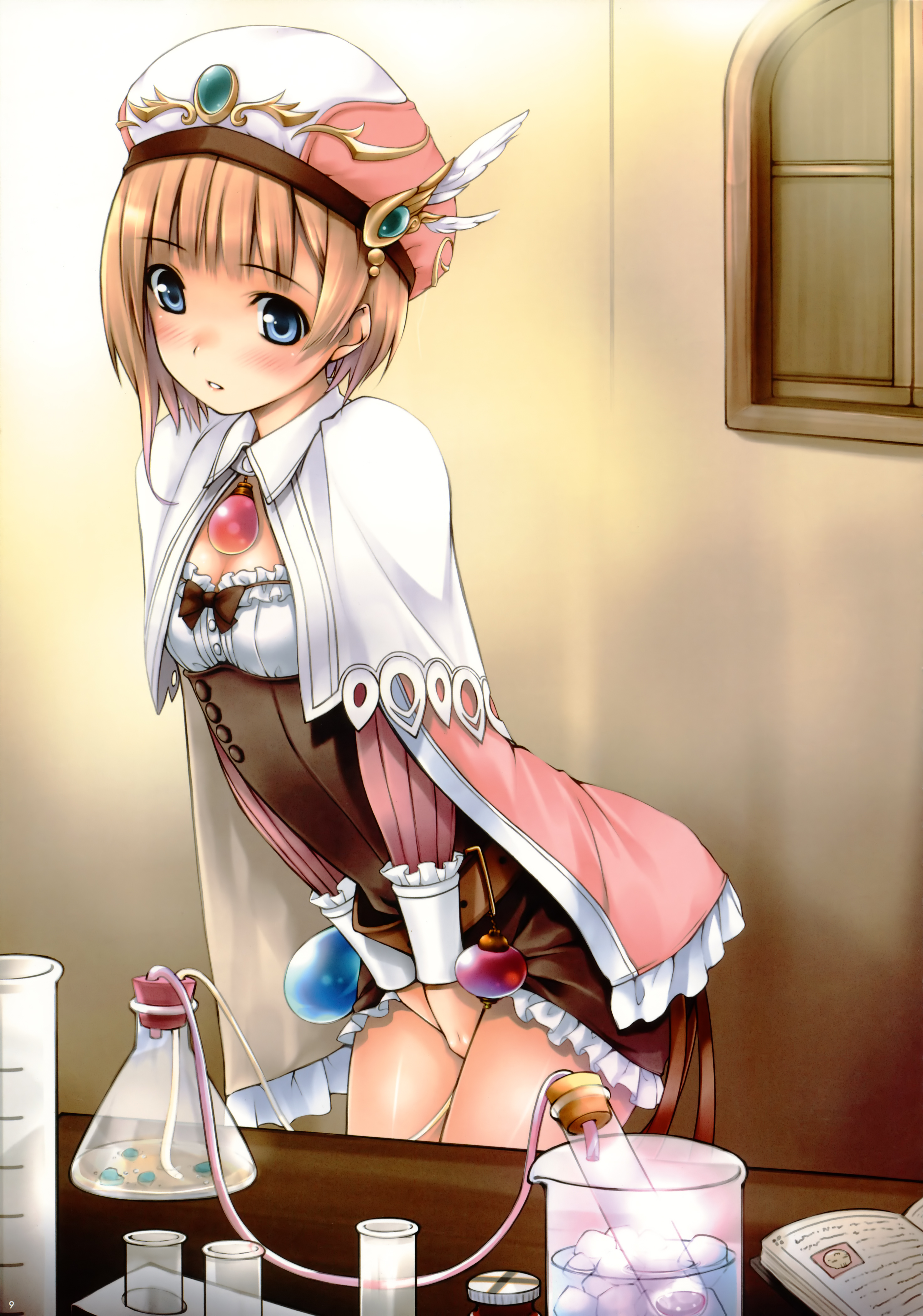 ooji, rorolina frixell, atelier (series), atelier rorona, gust, absurdres, highres, 1girl, belt, bent over, blonde hair, blue eyes, blush, breasts, cleavage, clothes lift, feathers, female focus, female masturbation, flat chest, hat, jewelry, masturbation, peeing, pendant, poncho, potion, short hair, skirt, skirt lift, solo