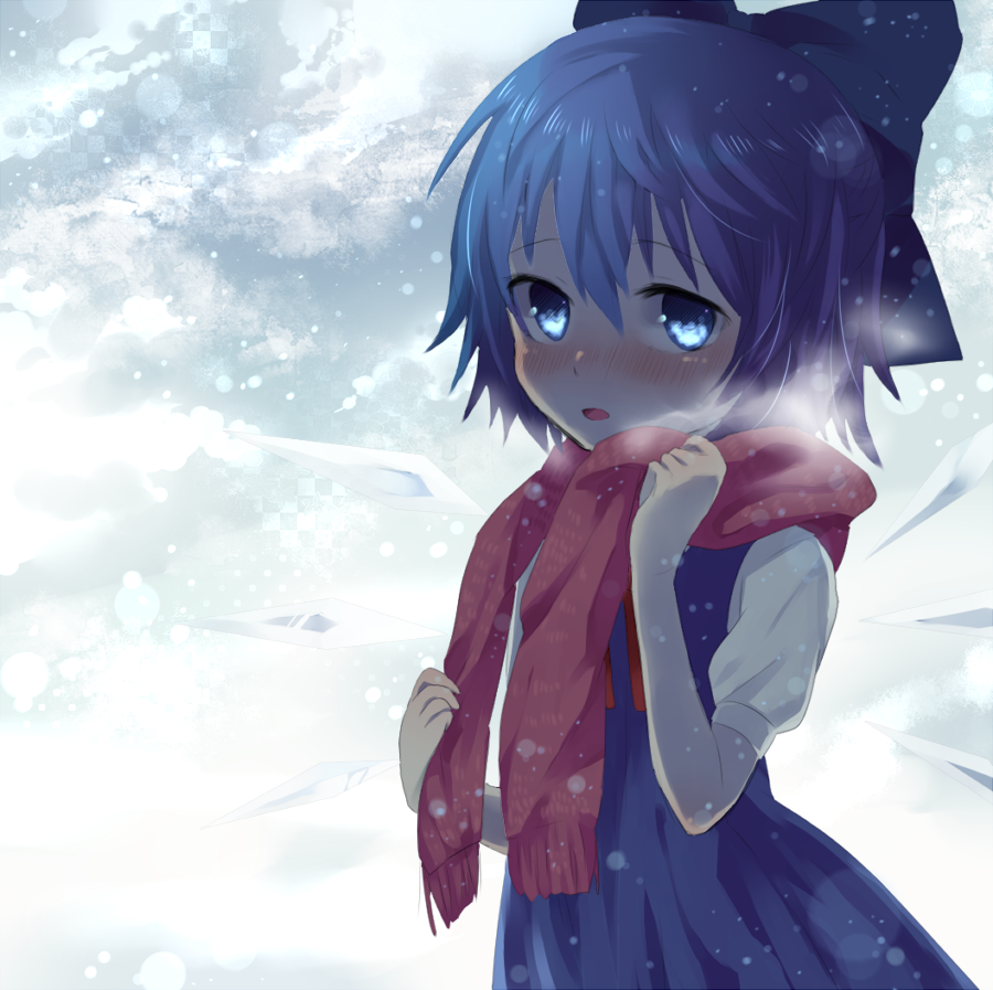 kurasaki moroko, cirno, perfect cherry blossom, touhou, bad id, bad pixiv id, 1girl, blue eyes, blue hair, blush, bow, breath, female focus, hair bow, matching hair/eyes, open mouth, scarf, short hair, snowing, solo, wings