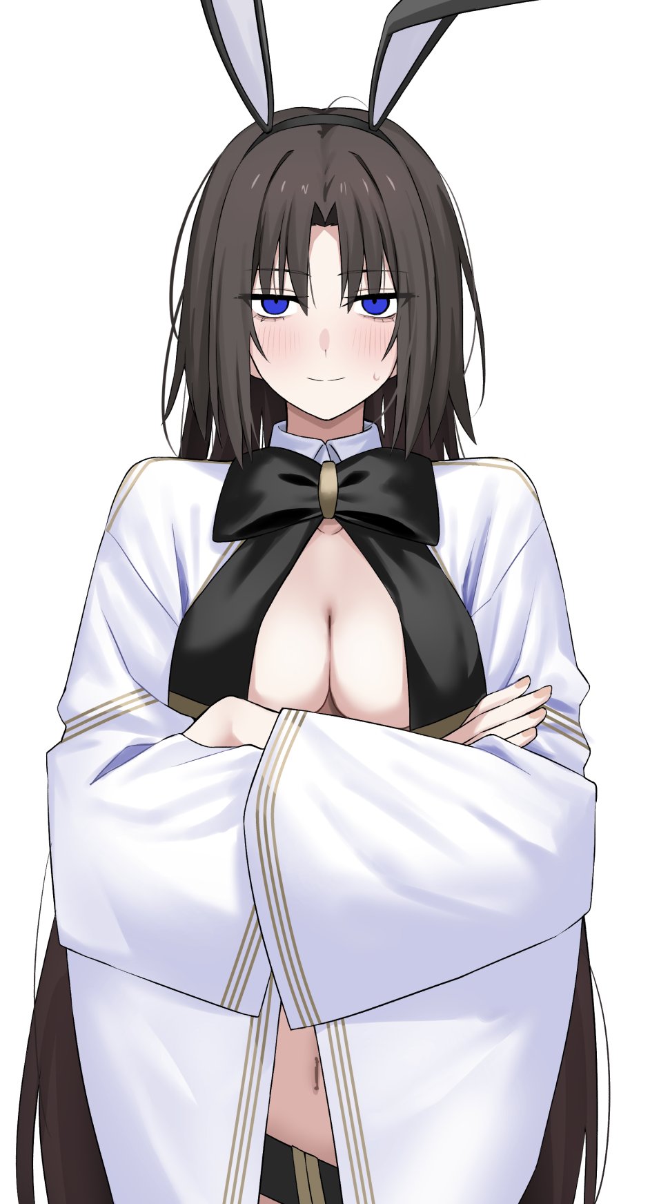 egomeshi, ryougi shiki, ryougi shiki (swimsuit mooncancer) (third ascension), fate/grand order, fate (series), commentary request, highres, 1girl, animal ears, black necktie, blue eyes, breasts, brown hair, cleavage, crossed arms, curtained hair, light blush, long hair, long sleeves, looking at viewer, medium breasts, necktie, rabbit ears, short hair, simple background, small sweatdrop, smile, solo, white background