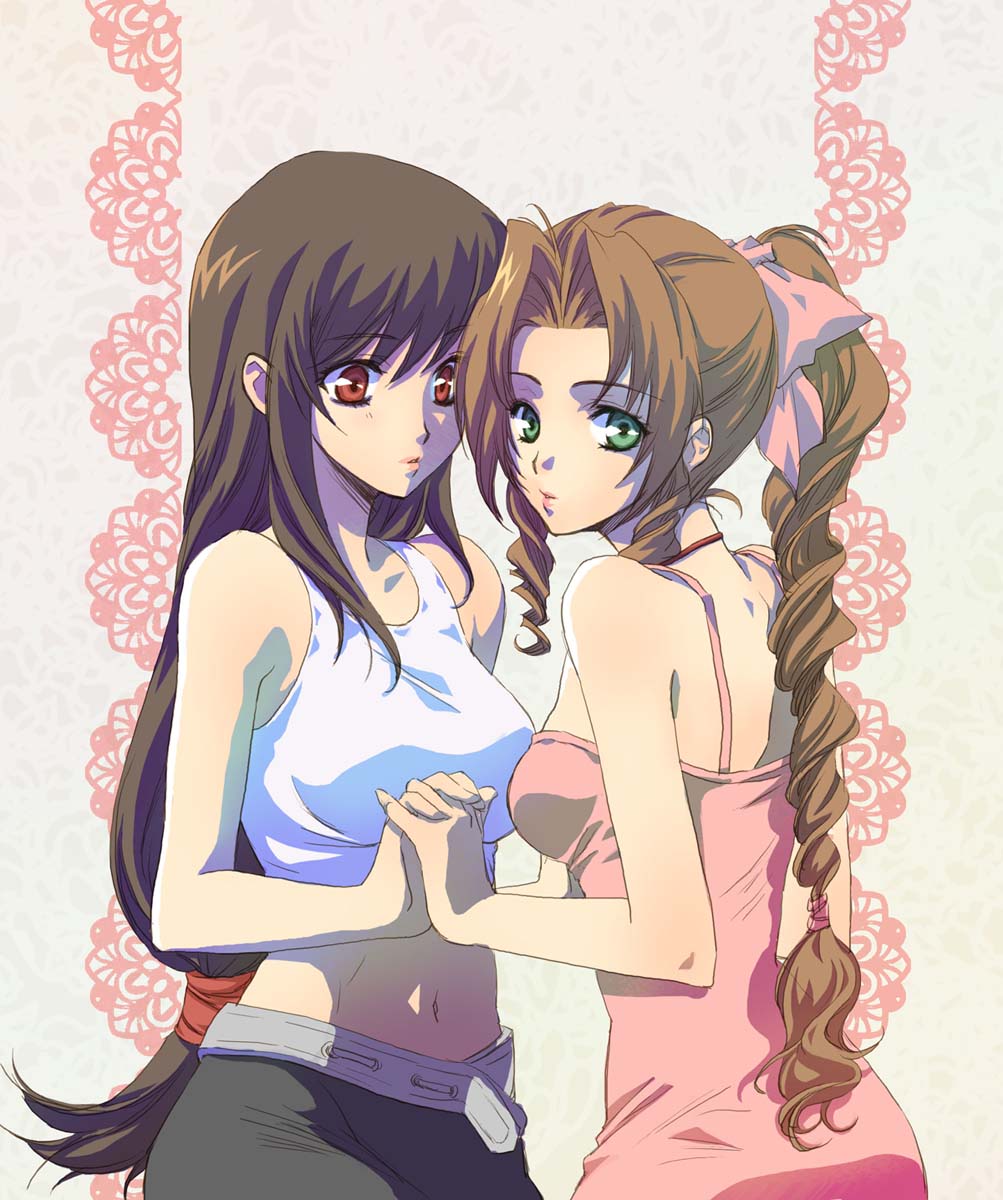 emikuma, emikuma2012, aerith gainsborough, tifa lockhart, final fantasy, final fantasy vii, highres, 1990s (style), 2girls, bare shoulders, belt, black hair, bow, breasts, brown hair, dress, green eyes, holding hands, interlocked fingers, large breasts, lips, long hair, looking back, low-tied long hair, midriff, miniskirt, multiple girls, navel, pink bow, pink dress, ponytail, red eyes, retro artstyle, skirt, suspender skirt, suspenders, tank top, yuri