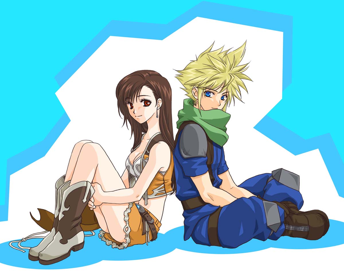 emikuma, cloud strife, tifa lockhart, final fantasy, final fantasy vii, 1990s (style), bare shoulders, belt, blonde hair, blue eyes, boots, brown hair, couple, earrings, jewelry, long hair, miniskirt, nibelheim, red eyes, retro artstyle, scarf, short hair, sitting, skirt, spiked hair, vest