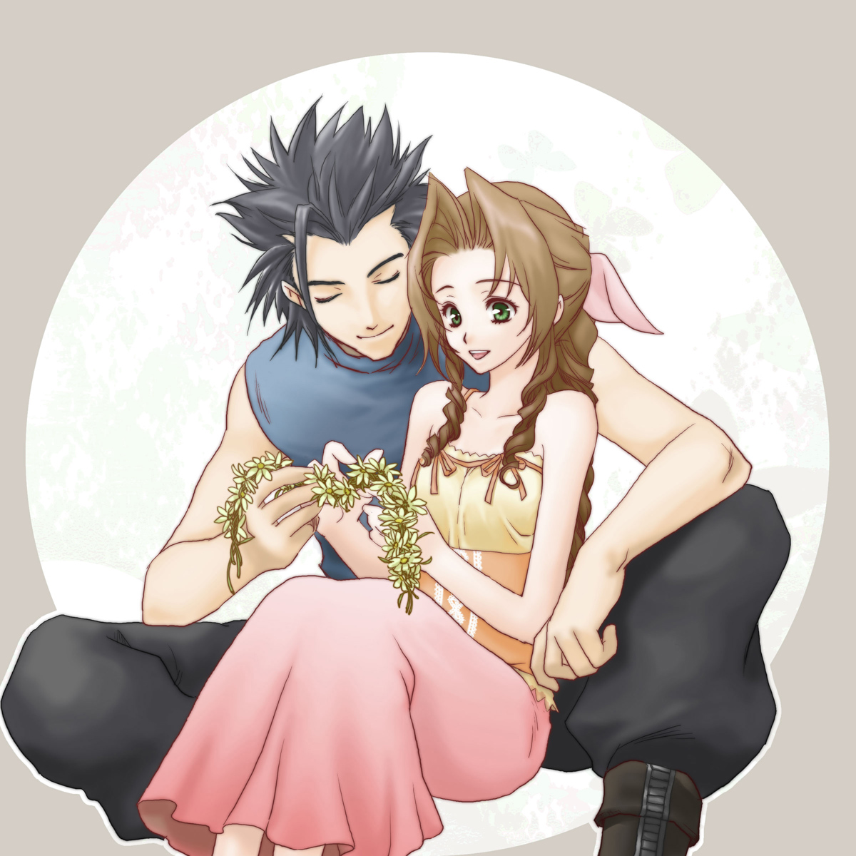 emikuma, emikuma2012, aerith gainsborough, zack fair, final fantasy, final fantasy vii, bad id, bad pixiv id, highres, 1990s (style), 1boy, 1girl, bare shoulders, black hair, boots, bow, braid, brown hair, closed eyes, couple, dress, flower, green eyes, hair ribbon, hetero, long dress, long hair, pink bow, pink dress, pink ribbon, ponytail, retro artstyle, ribbon, short hair, single braid, sitting