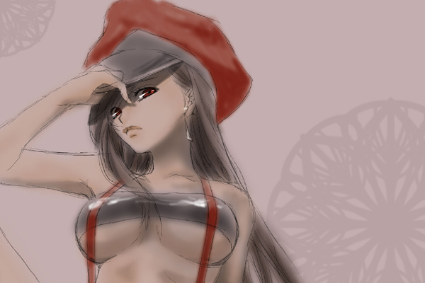 emikuma, tifa lockhart, final fantasy, final fantasy vii, 1990s (style), brown hair, earrings, hat, jewelry, long hair, looking down, newsboy cap, red eyes, see-through clothes, strapless, suspenders, tube top