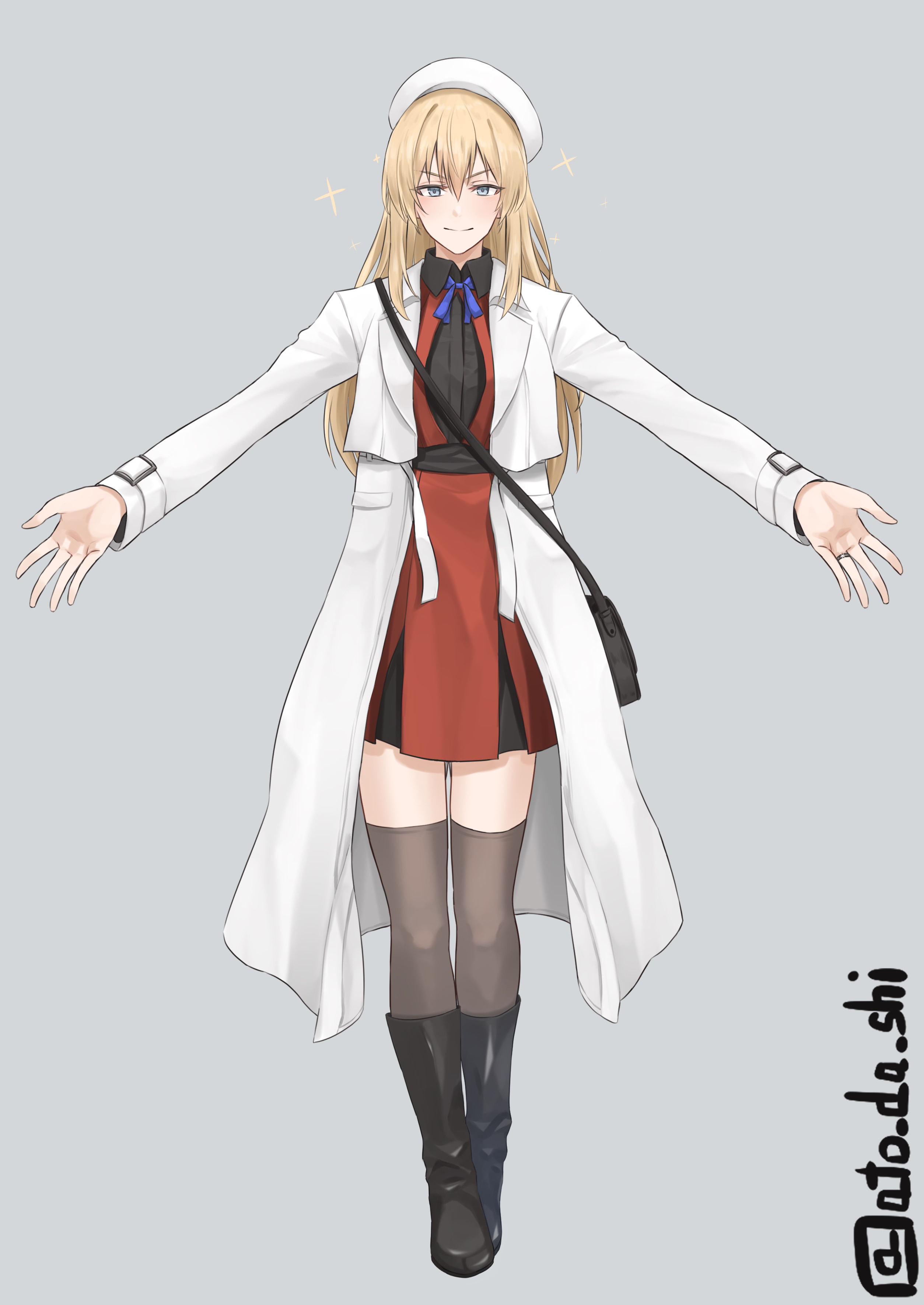 atodashi, bismarck (kancolle), kantai collection, absurdres, highres, 1girl, alternate costume, beret, black bag, black boots, black shirt, blonde hair, blue eyes, blue ribbon, boots, coat, collared shirt, dress, full body, grey background, grey thighhighs, hair between eyes, hat, long hair, looking at viewer, neck ribbon, outstretched arm, red dress, ribbon, shirt, simple background, smile, solo, thighhighs, twitter username, white coat, white hat