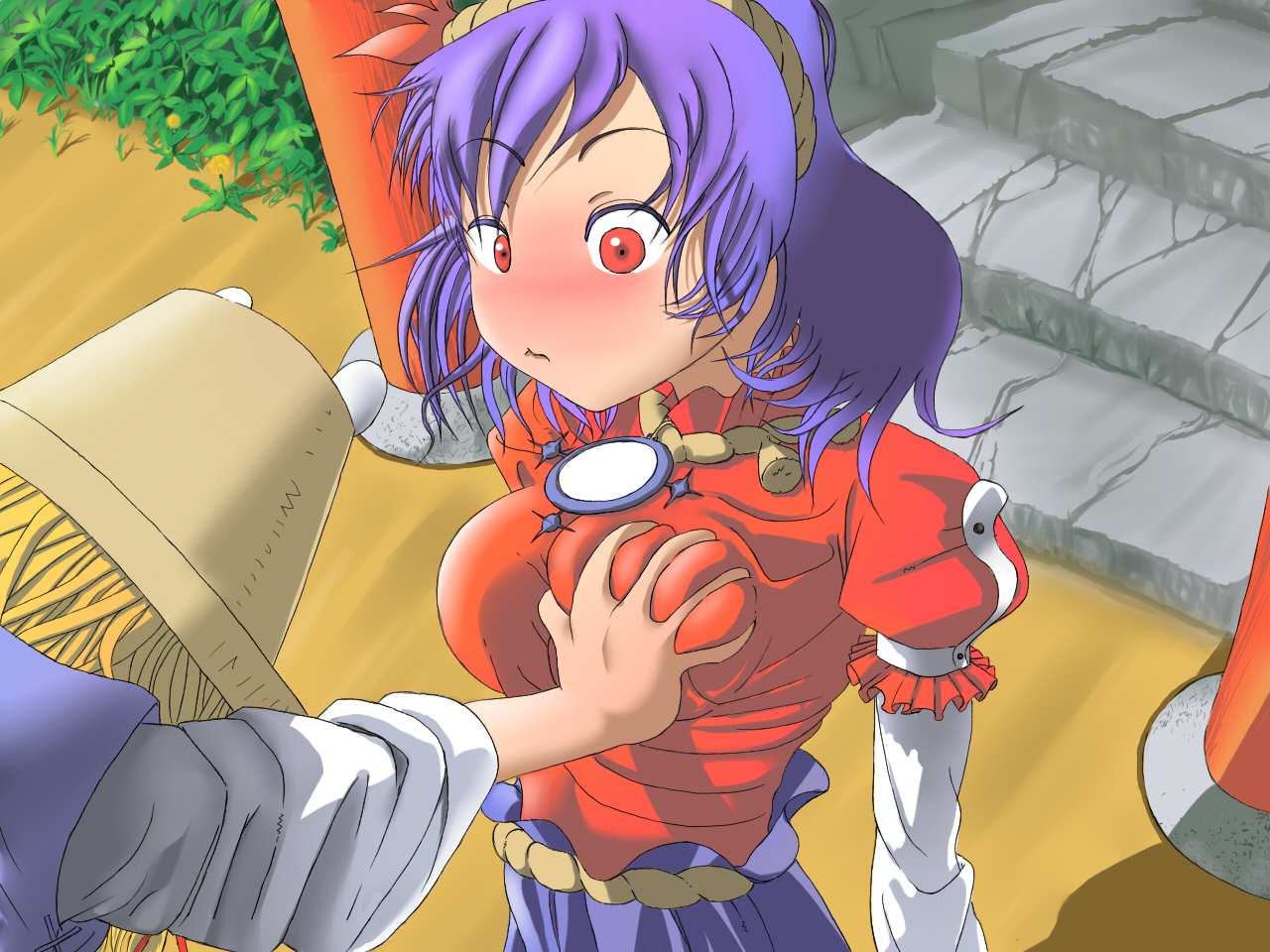 moriya suwako, yasaka kanako, touhou, artist request, bad id, bad pixiv id, 2girls, blonde hair, blue hair, blush, breasts, female focus, grabbing another's breast, groping, hat, large breasts, multiple girls, purple hair, red eyes, short hair