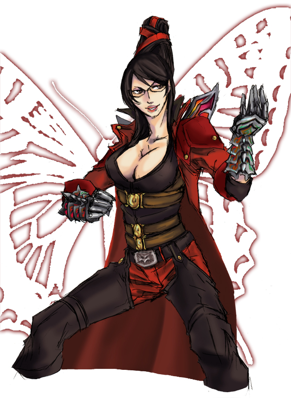 mine (odasol), bayonetta, dante (devil may cry), bayonetta (series), capcom, devil may cry (series), 00s, 1girl, belt, black hair, breasts, brown eyes, cleavage, coat, cosplay, creator connection, dante (cosplay), gauntlets, glasses, hair bun, long hair, pants, red ribbon, ribbon, single hair bun, trench coat, very long hair