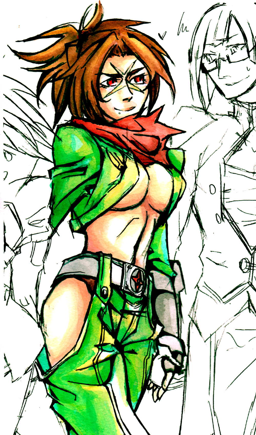 mine (odasol), mine (pixiv348990), litchi faye ling, shishigami bang, arc system works, blazblue, blazblue: calamity trigger, highres, 1boy, 1girl, belt, breasts, brown hair, cleavage, fingerless gloves, genderswap, genderswap (mtf), glasses, gloves, large breasts, long hair, ninja, open clothes, open shirt, partially colored, ponytail, red eyes, scar, scarf, semi-rimless eyewear, shirt, short hair, under-rim eyewear, underboob