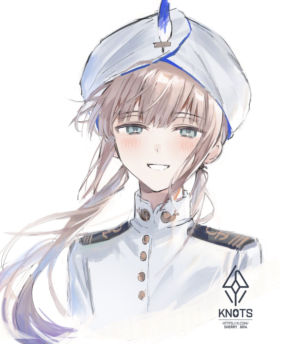 sherry 0014, captain nemo (fate), nemo (fate), fate/grand order, fate (series), highres, 1boy, aqua eyes, blonde hair, hat feather, long hair, low twintails, male focus, military uniform, naval uniform, portrait, smile, turban, twintails, white background, white turban