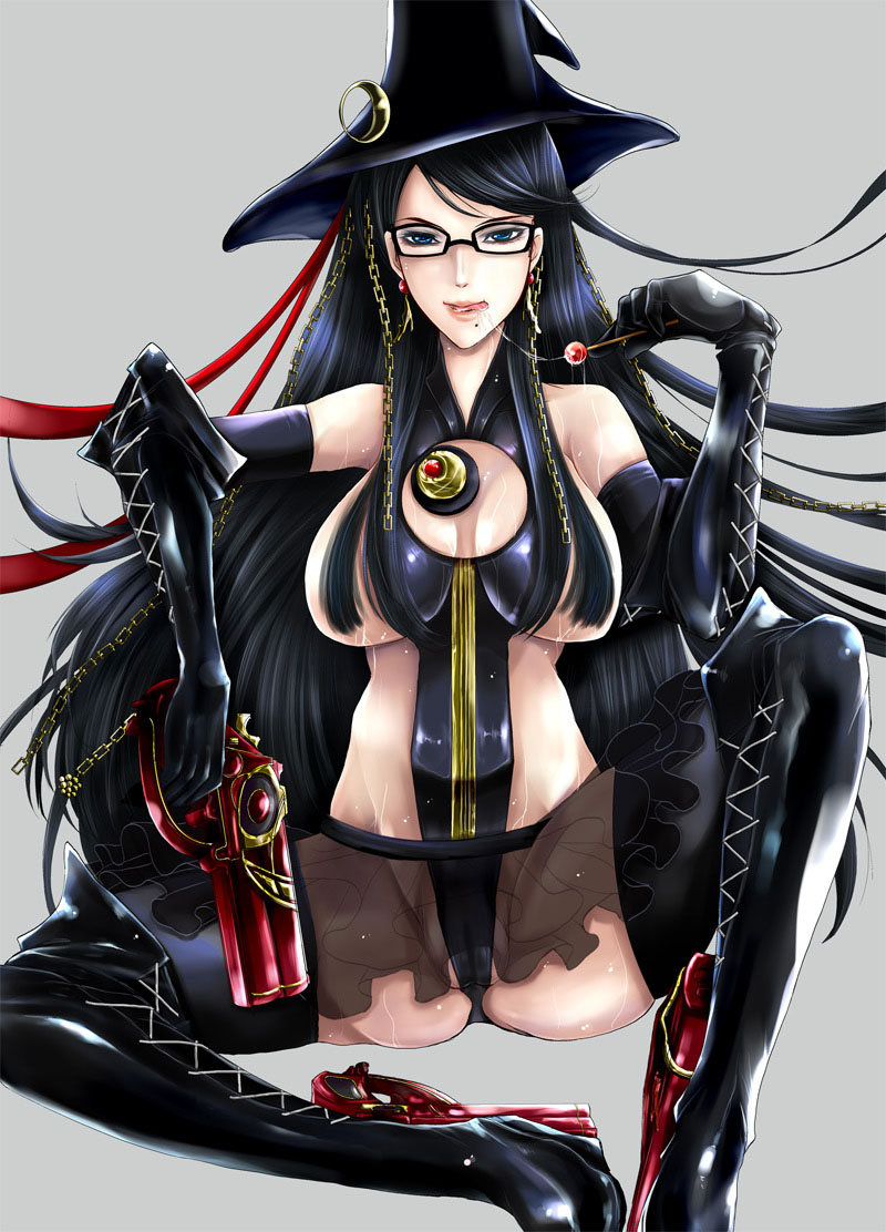 riria, bayonetta, bayonetta (series), bayonetta 1, bad id, bad pixiv id, 1girl, alternate costume, amulet, black hair, blue eyes, boots, breasts, cameltoe, candy, chain, cleavage, cleavage cutout, clothing cutout, earrings, elbow gloves, eyeshadow, female focus, food, glasses, gloves, gun, handgun, hat, jewelry, large breasts, lollipop, long hair, makeup, microskirt, mole, mole under mouth, partially visible vulva, red ribbon, ribbon, saliva, saliva trail, sitting, skirt, solo, spread legs, sweat, thigh boots, thighhighs, tongue, tongue out, very long hair, weapon, witch hat