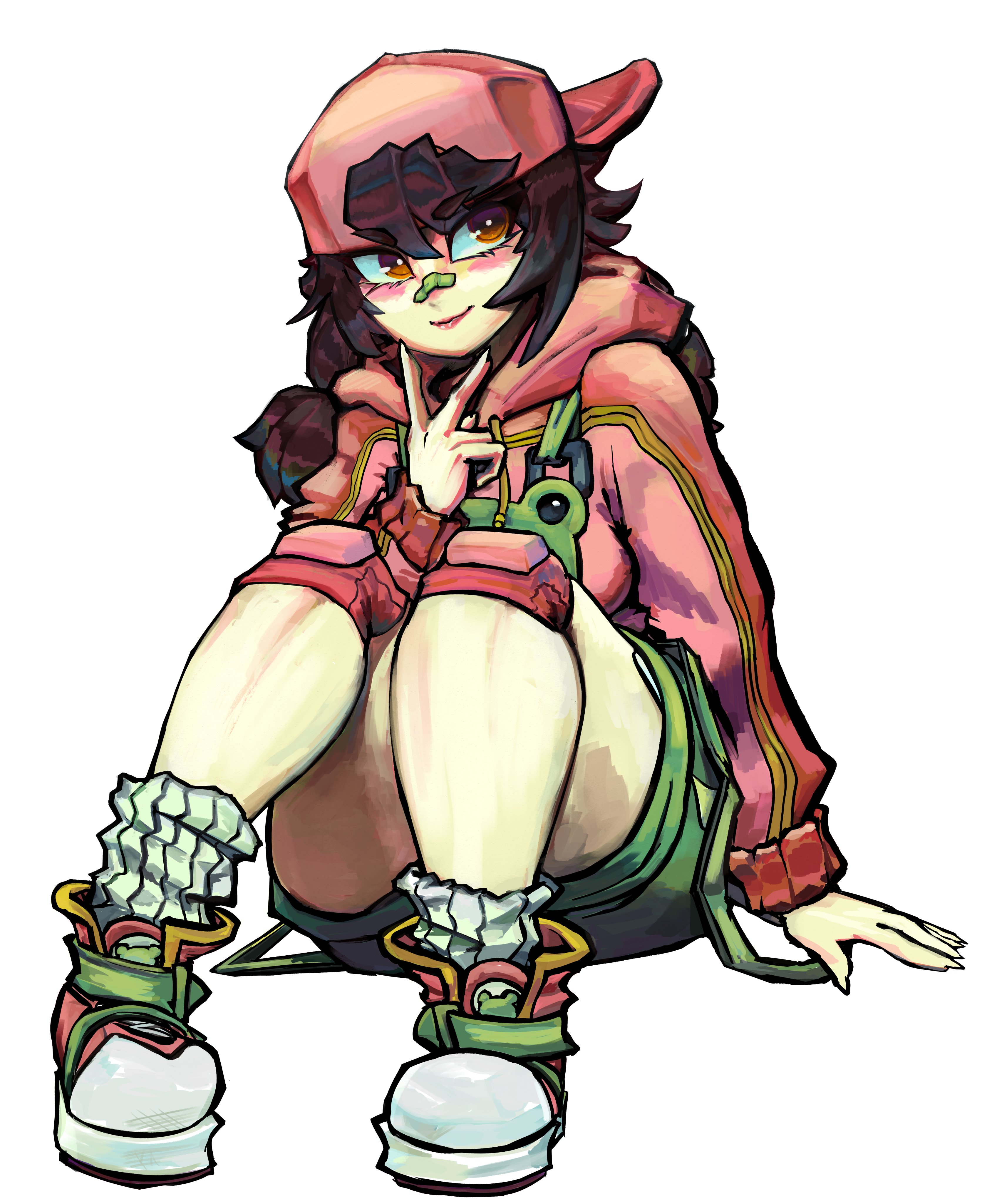 bethy, indie virtual youtuber, absurdres, commentary, english commentary, highres, 1girl, animal print, backwards hat, bandaid, bandaid on face, bandaid on nose, baseball cap, black hair, blush, breasts, bright pupils, brown eyes, closed mouth, frog print, gift art, green overalls, green shoes, green suspenders, hair between eyes, hand up, hat, hood, hood down, hoodie, knee pads, knees up, large breasts, lips, long sleeves, looking at viewer, medium hair, multicolored shoes, overalls, pink hat, pink hoodie, pink shoes, shoes, sidelocks, simple background, sitting, smile, socks, solo, stevennosov, thighs, tomboy, twintails, v, virtual youtuber, white background, white pupils, white shoes, white socks