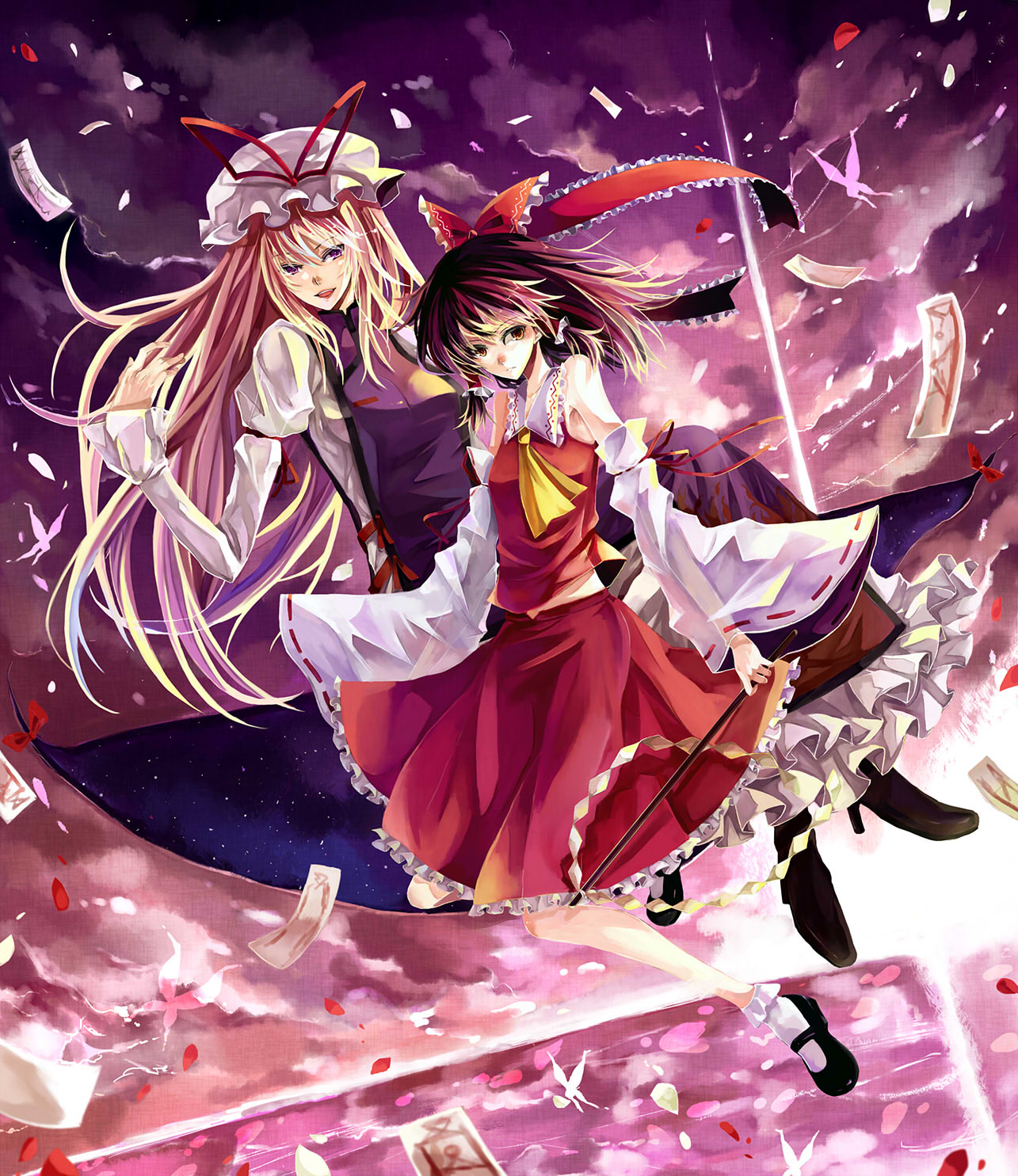 nako, nako (nonrain), hakurei reimu, yakumo yukari, touhou, highres, 2girls, blonde hair, bobby socks, bow, brown eyes, brown hair, bug, butterfly, cloud, detached sleeves, female focus, flying, gohei, hair bow, hat, insect, mary janes, multiple girls, ofuda, orange eyes, petals, purple eyes, ribbon, serious, shoes, smirk, socks, wind